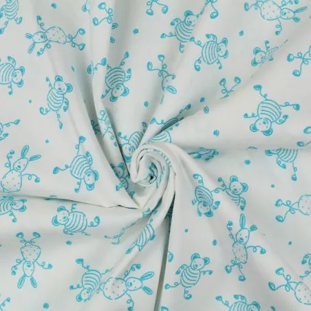 Tissu coton blanc milleraie imprimé lapin bleu