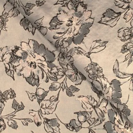 Tissu brocart motif floral argenté