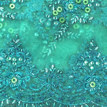 Tissus dentelle perlée fleuri bleu turquoise