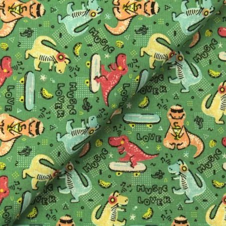 Tissu coton vert imprimé dinosaure