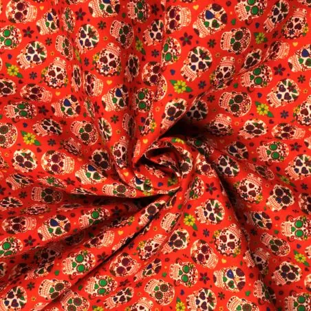 Tissu coton orange imprimé tête de mort fleuri mexicain