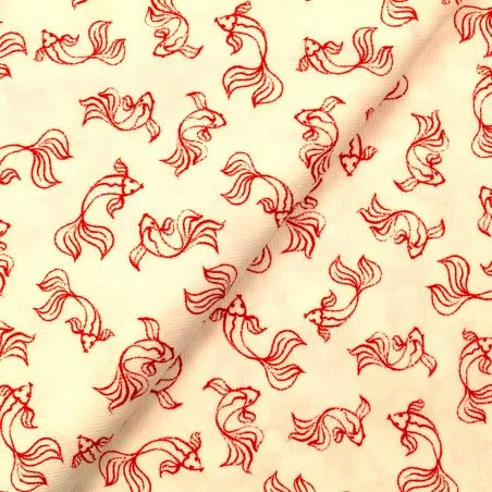 Tissu coton blanc écru et rouge imprimé poisson