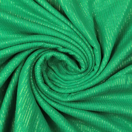 Tissu coton double gaze uni de couleur vert rayures or