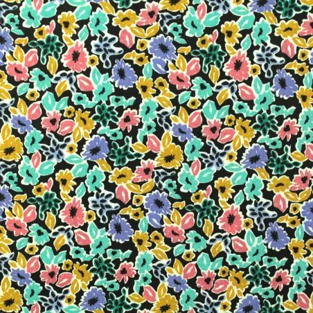 Tissu coton noir imprimé fleuri multicolore