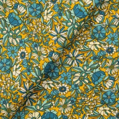 Tissu coton imprimé fleuri bleu et jaune