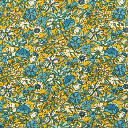 Tissu coton imprimé fleuri bleu et jaune