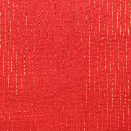 Tissu coton double gaze uni de couleur corail rayures or