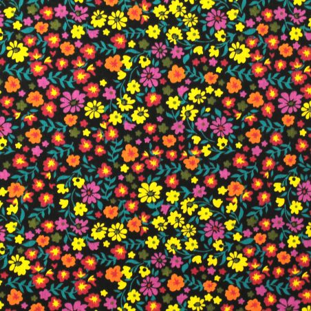 Tissu coton noir imprimé fleuri multicolore