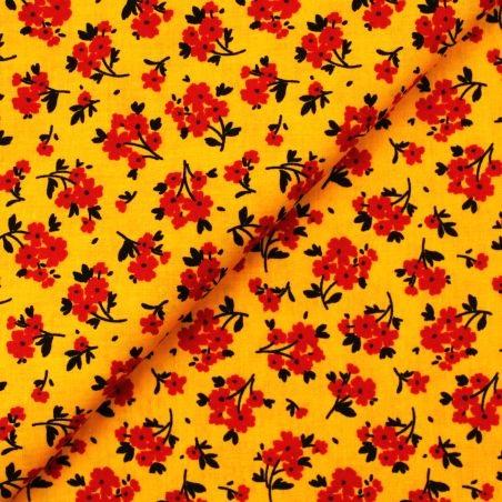 Tissu coton imprimé fleur rouge sur fond jaune