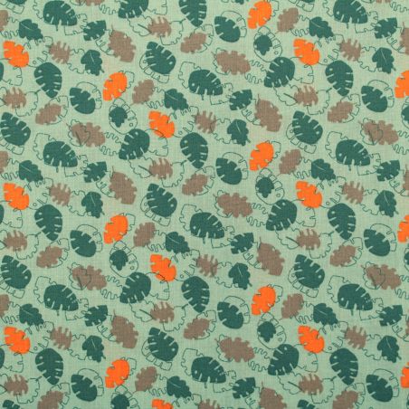 Tissu coton imprimé feuilles orange et bleu - Motif Naturel