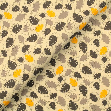 Tissu coton gris claire imprimé feuilles jaune et gris - Motif Naturel