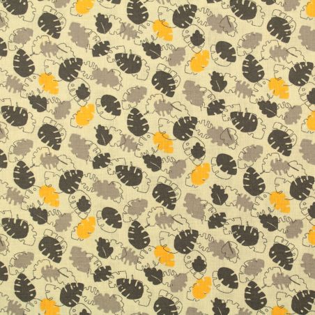 Tissu coton gris claire imprimé feuilles jaune et gris - Motif Naturel