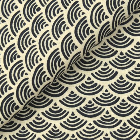 Tissu de coton motif traditionnel japonais aux éventails SENSU beiges