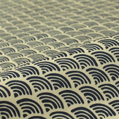 Tissu de coton motif japonais éventails bleu