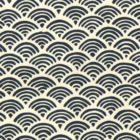 Tissu de coton bleu à motif traditionnel japonais aux éventails SENSU beige