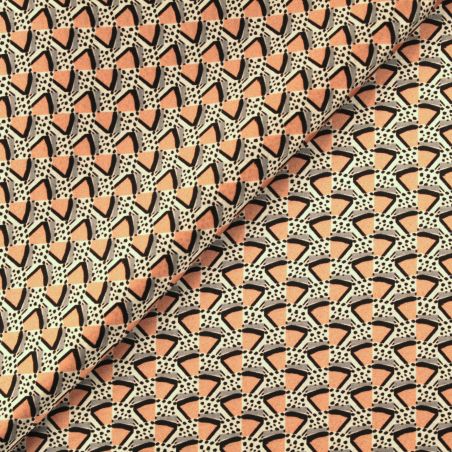 Tissu en satin de soie imprimé gris et orange à motif géométrique - Made in Italy